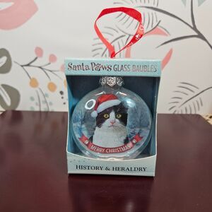 NIB "Santa Paws" Glass Christmas Tree Bauble Tuxedo Cat Ornament